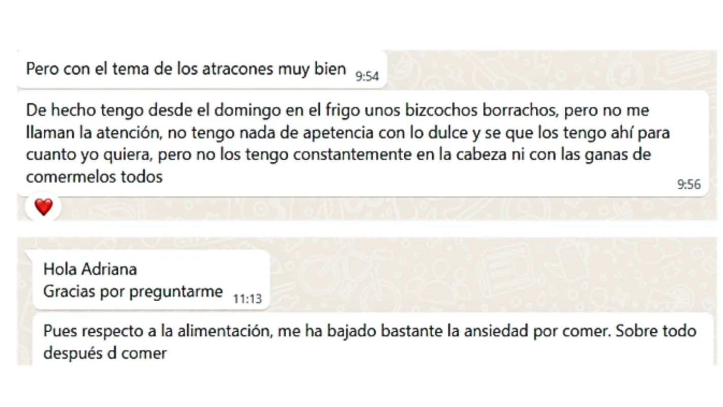 Testimonios de pacientes sobre mejora con atracones y reducción de ansiedad por comer